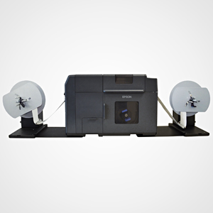 Label unwinder and rewinder for Epson C7500 D.P.R. Labeling LLC